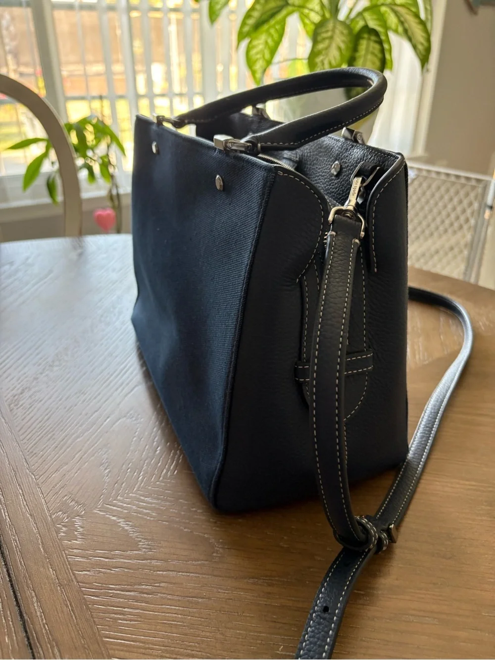 kate spade navy blue structured satchel with top handles